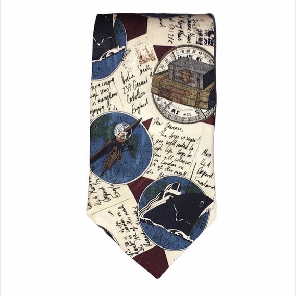 Structure Airplanes Ships Suitcases Letters Travel Tie Cream Blue - Picture 1 of 5